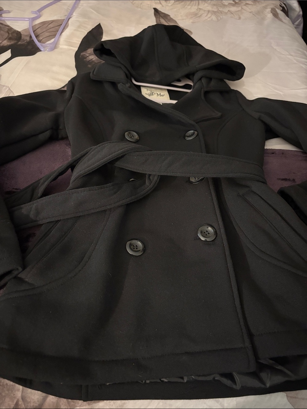 Maralyn & Me Women's Black Hooded Double-Breasted Pea Coat with Belt